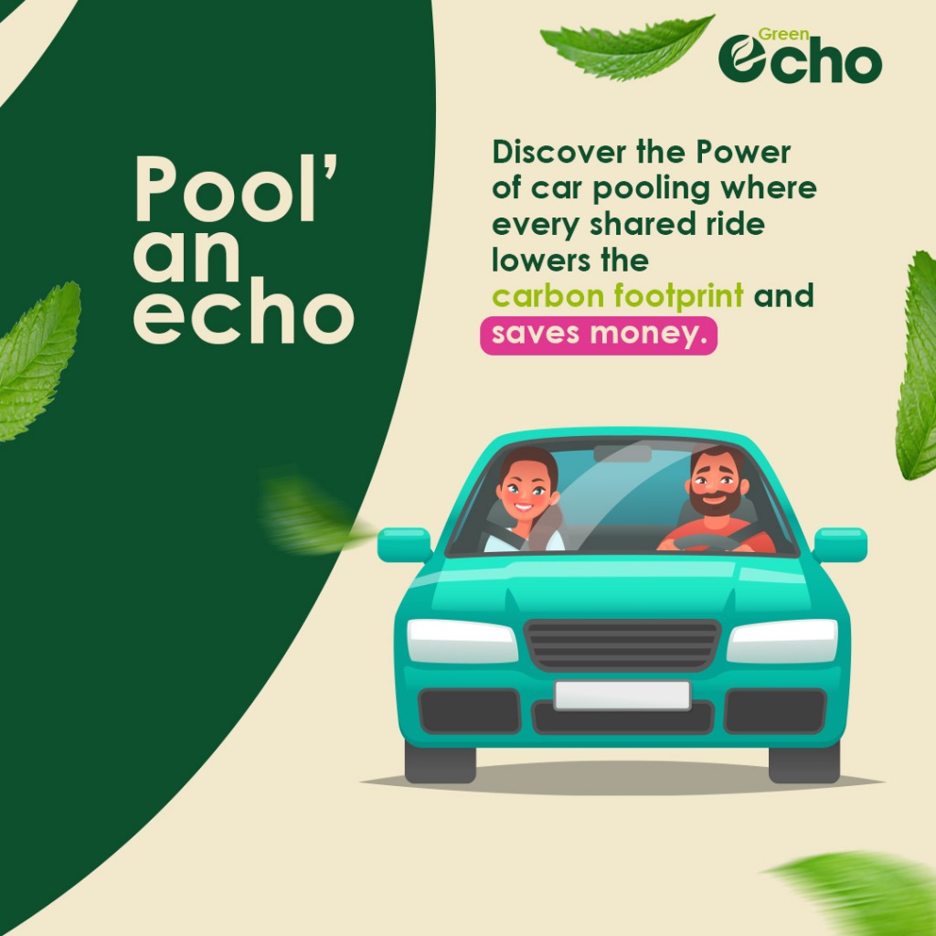 Pool an Echo campaign card with an illustrated car carrying two passengers, explaining how shared rides lower the carbon footprint