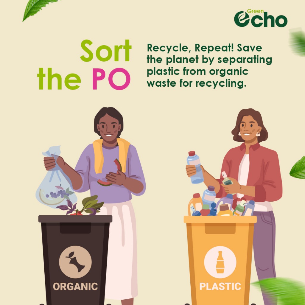 Sort the PO campaign card with two illustrated people separating waste into organic and plastic bins