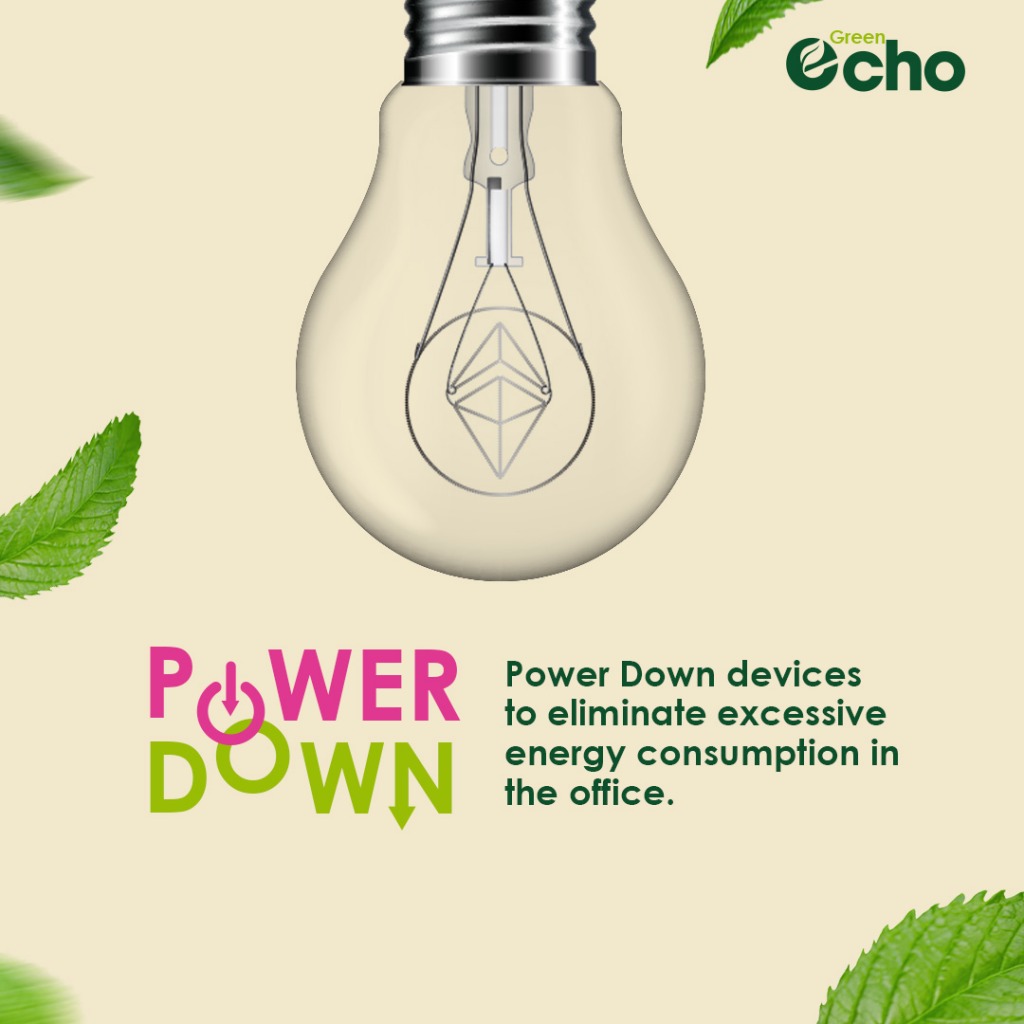 Power Down campaign card showing a light bulb, about cutting energy use in the office