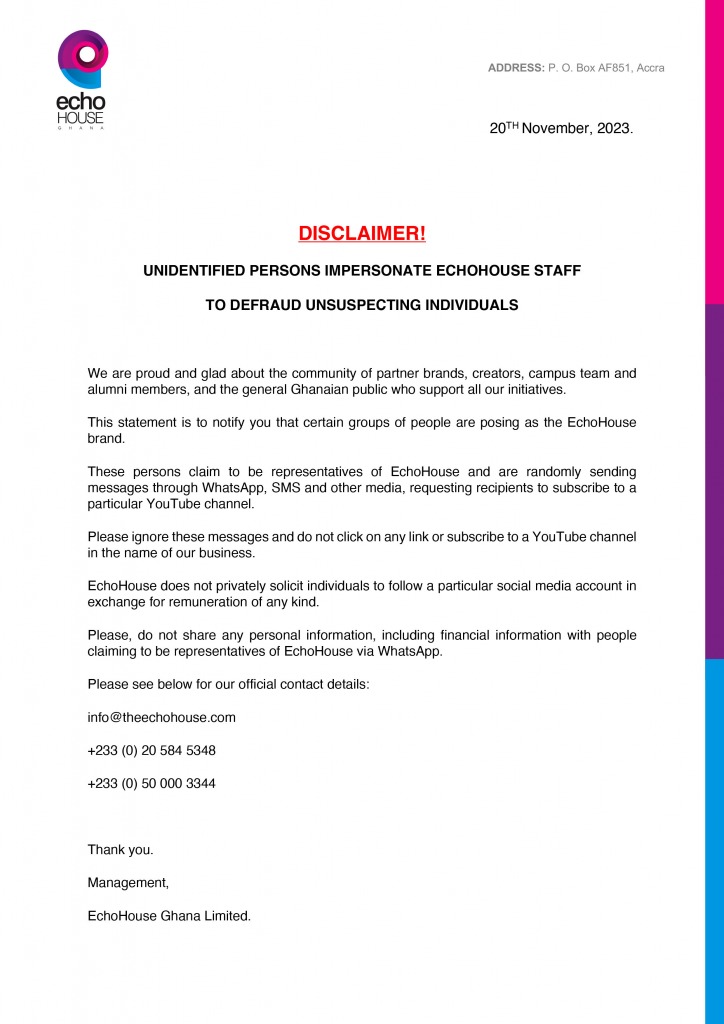 An EchoHouse notice warning that unidentified people are impersonating staff to defraud the public