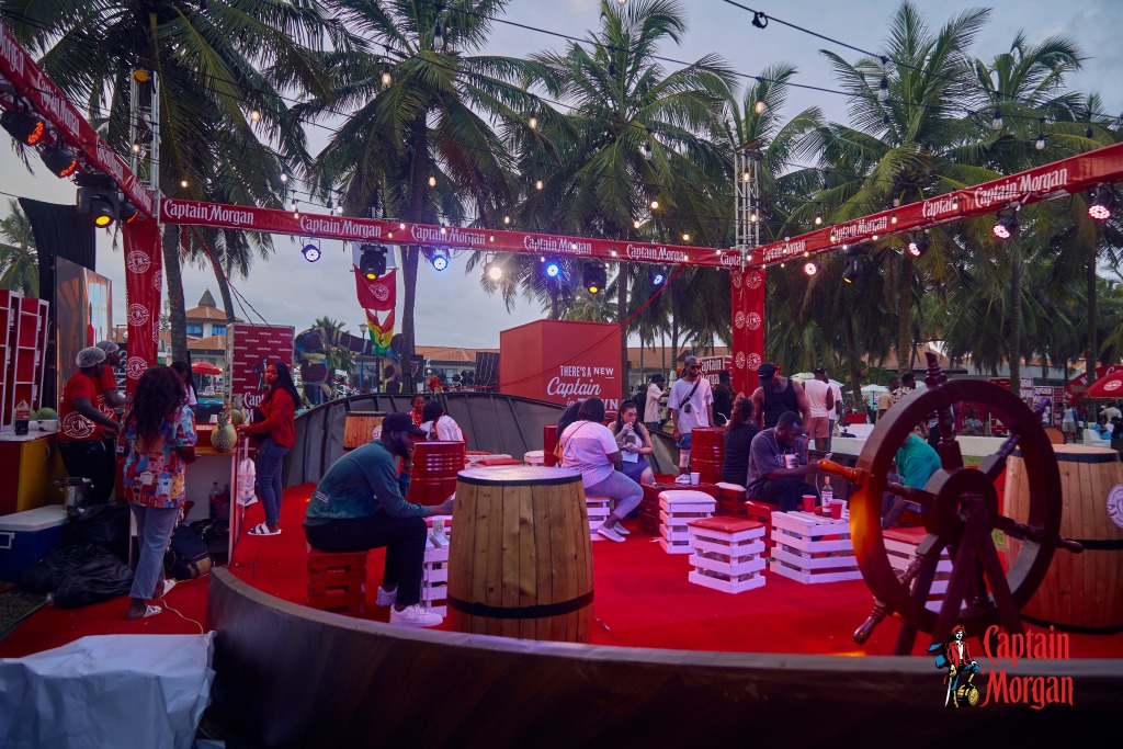 A Captain Morgan branded bar built around a ship's wheel at the festival